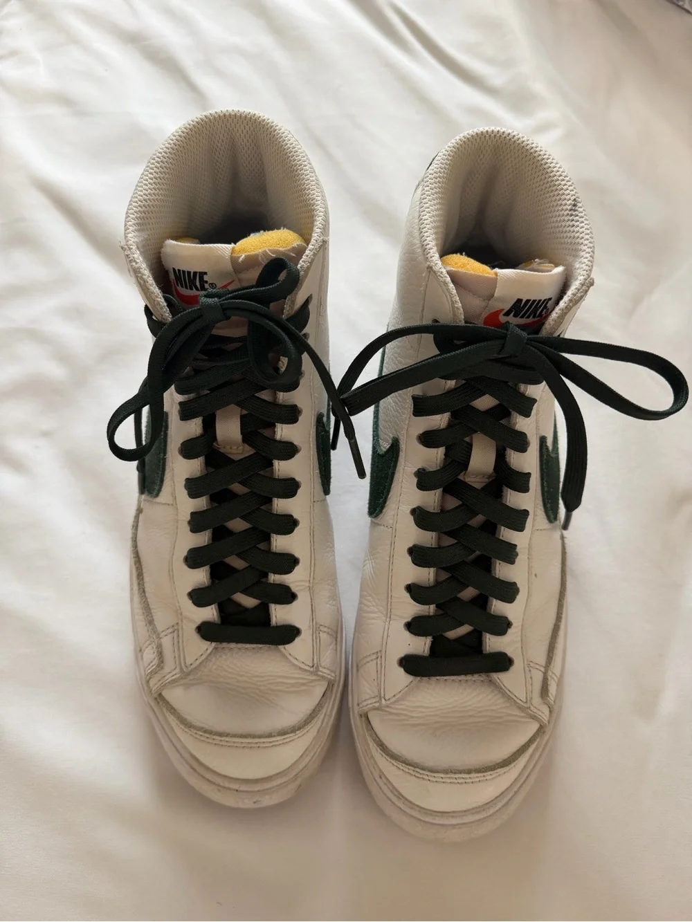 White Nike Blazers with Dark Green Swoosh